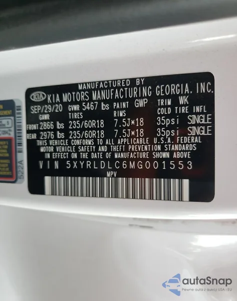 2021 Kia Sorento S из США, поврежденный, VIN 5XYRLDLC6MG001553